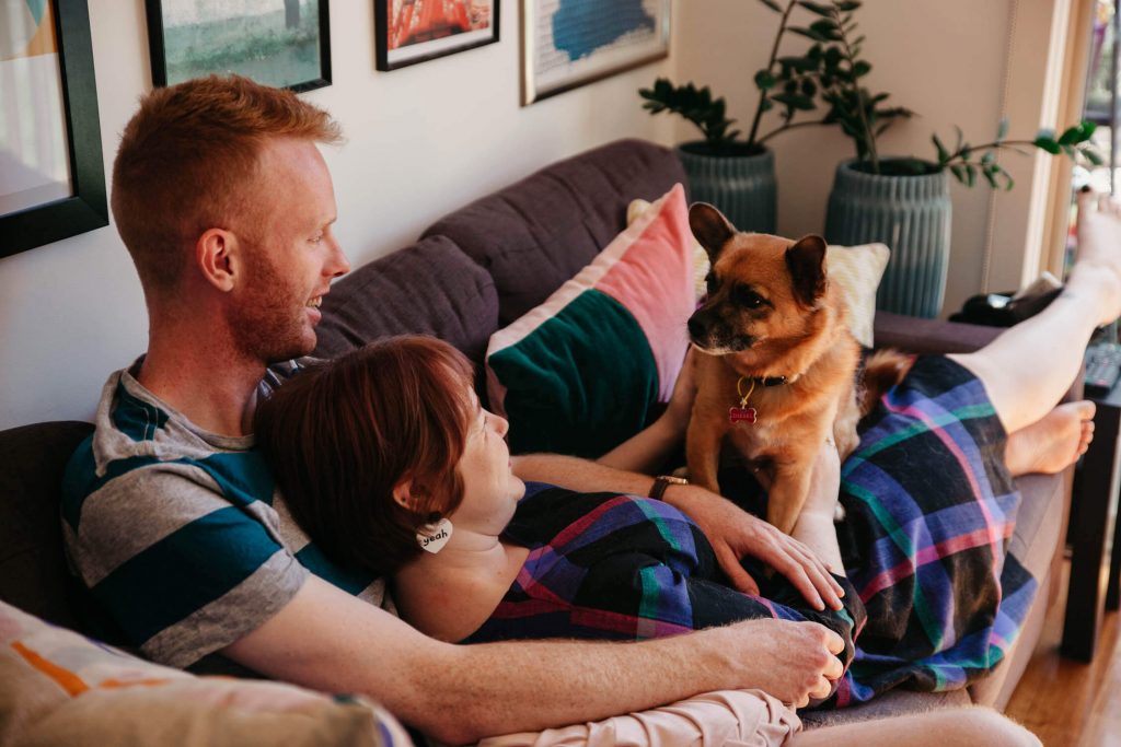 Family, Wedding & Newborn Photographer in Melbourne | Gill Juergens Photography | Engagement - in home photos with Diesel the dog | Gill Juergens Photography
