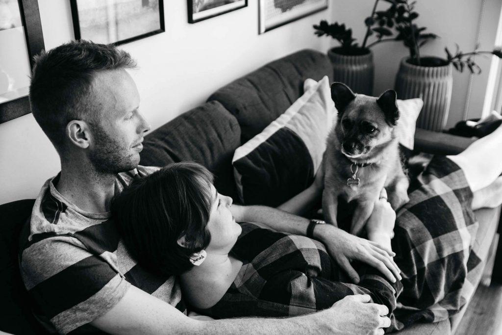 Family, Wedding & Newborn Photographer in Melbourne | Gill Juergens Photography | Engagement - in home photos with Diesel the dog | Gill Juergens Photography