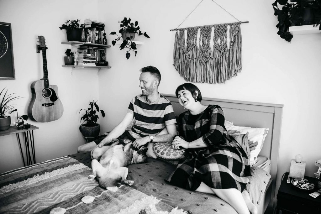 Family, Wedding & Newborn Photographer in Melbourne | Gill Juergens Photography | Engagement - in home photos with Diesel the dog | Gill Juergens Photography