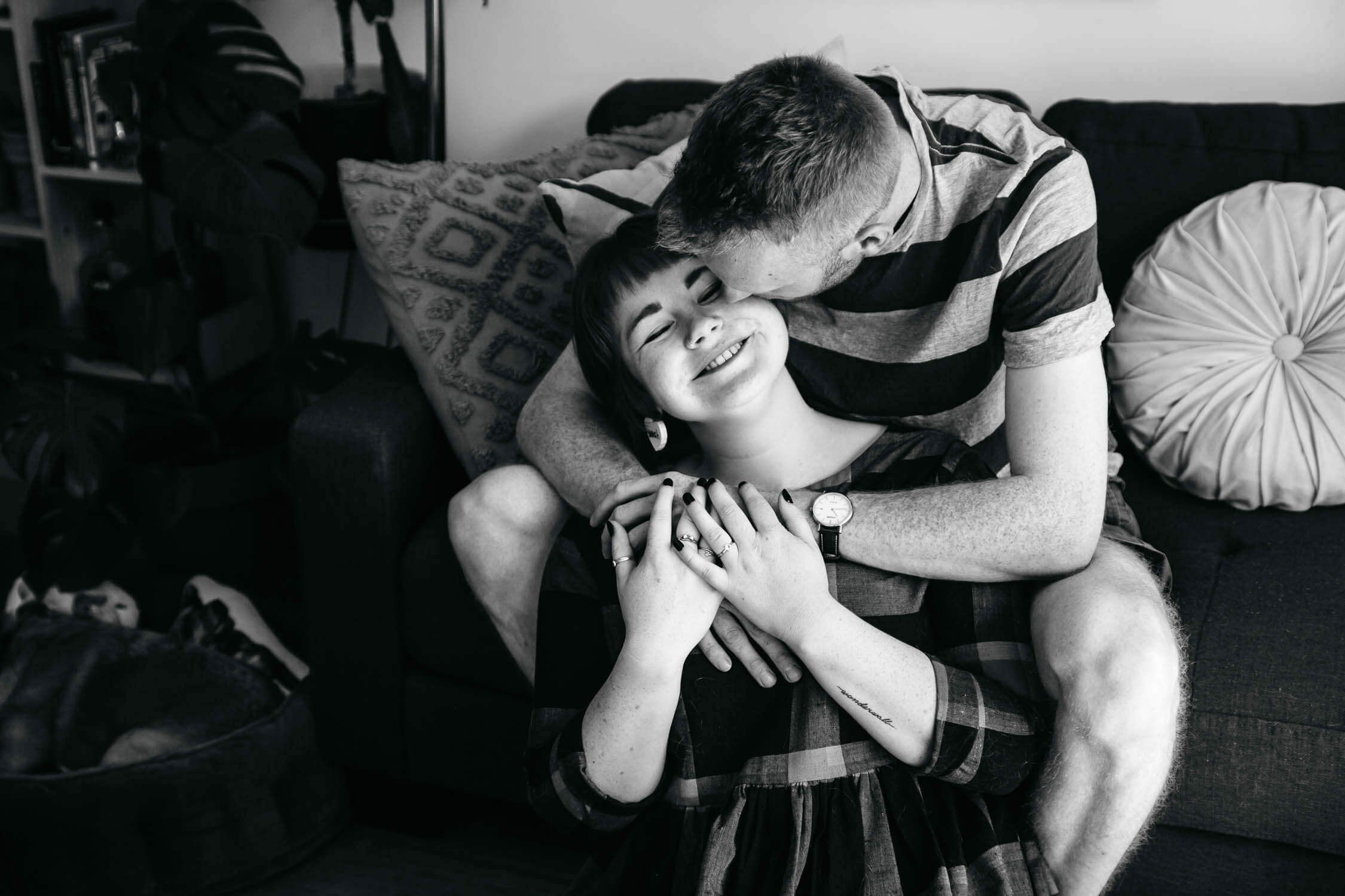 Family, Wedding & Newborn Photographer in Melbourne | Gill Juergens Photography | Engagement - in home photos with Diesel the dog | Gill Juergens Photography