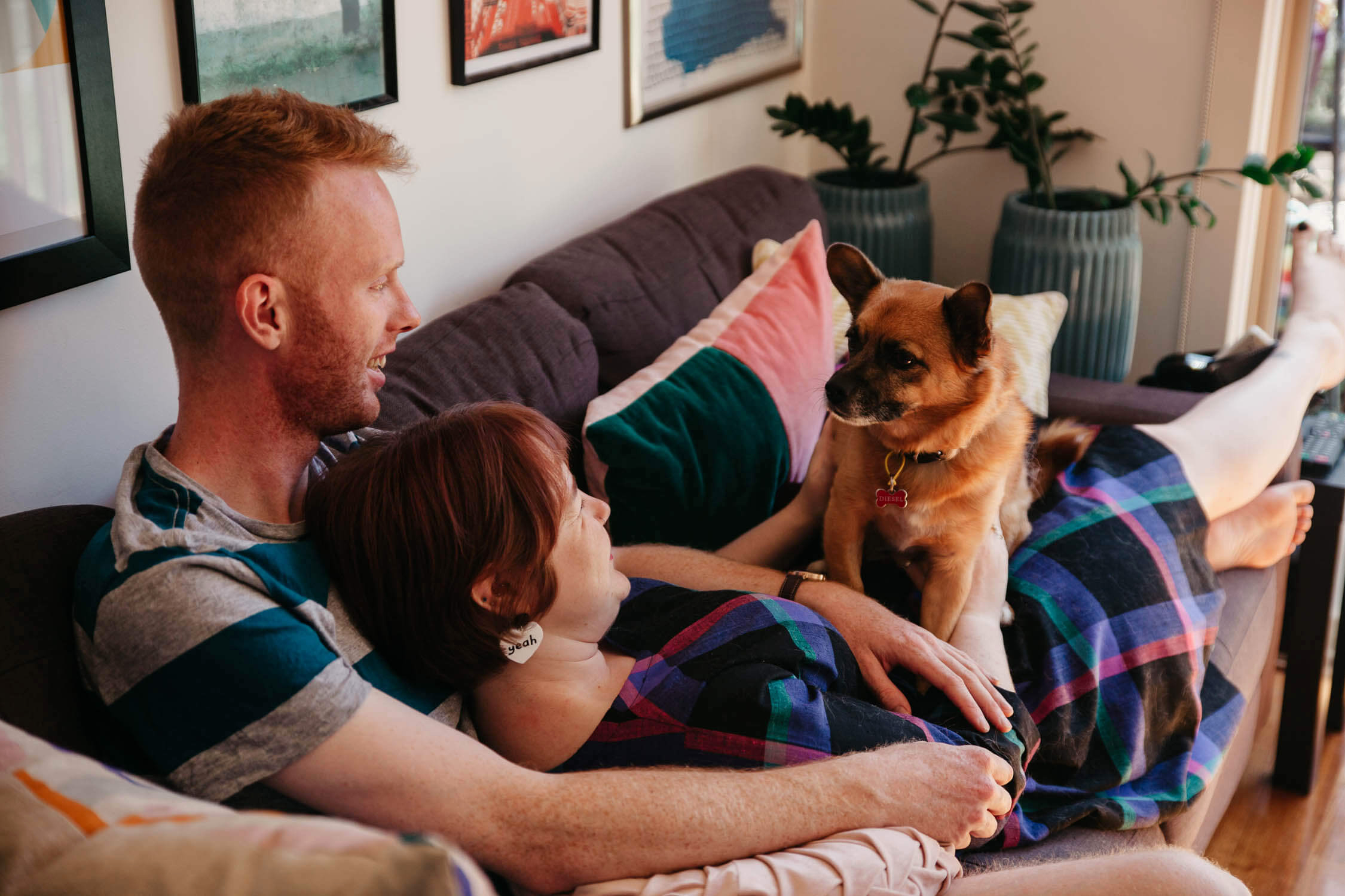 Family, Wedding & Newborn Photographer in Melbourne | Gill Juergens Photography | Engagement - in home photos with Diesel the dog | Gill Juergens Photography