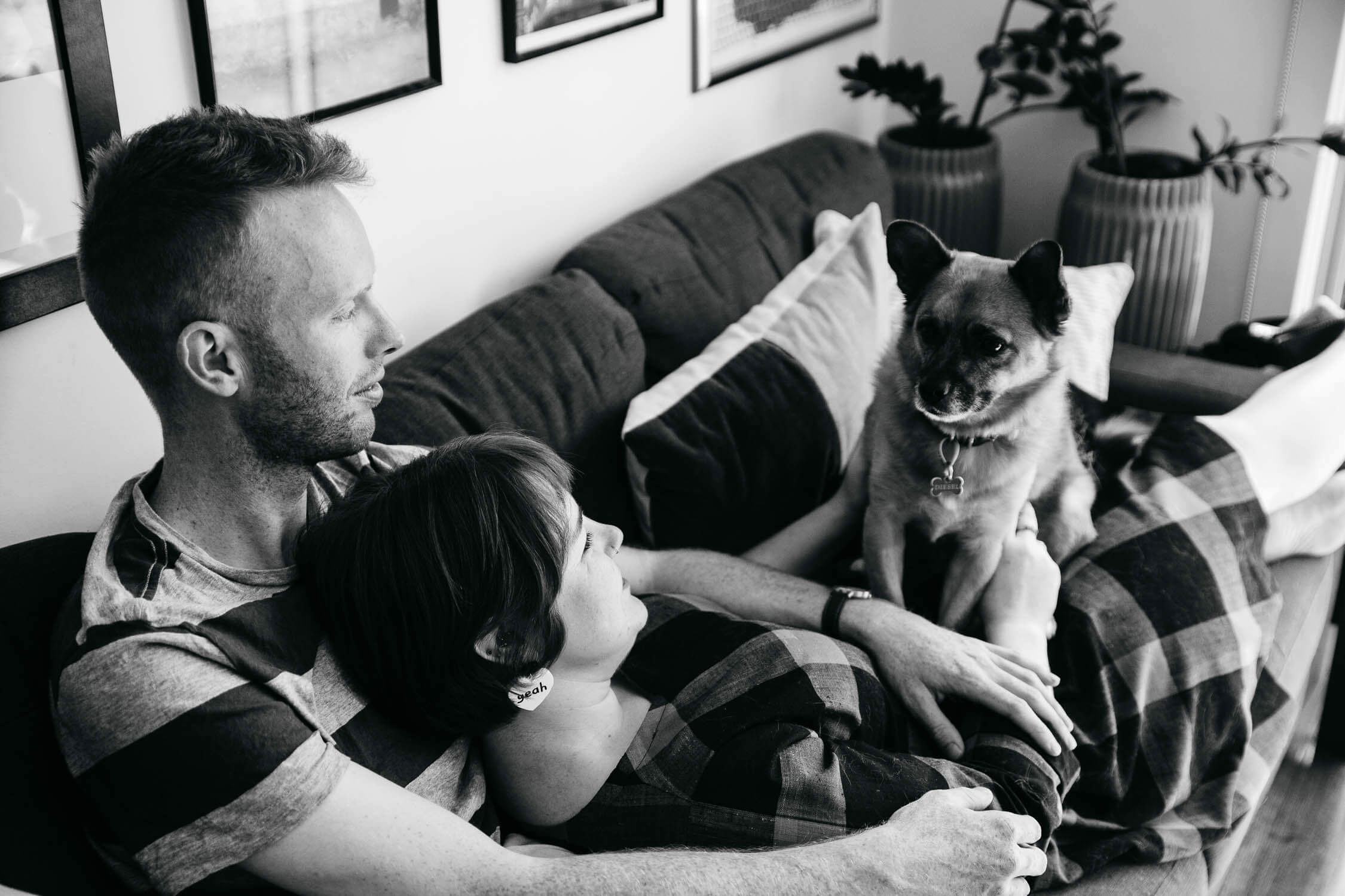 Family, Wedding & Newborn Photographer in Melbourne | Gill Juergens Photography | Engagement - in home photos with Diesel the dog | Gill Juergens Photography