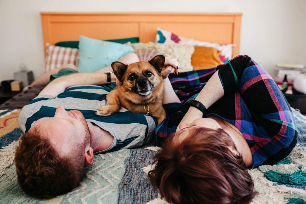 Family, Wedding & Newborn Photographer in Melbourne | Gill Juergens Photography | Engagement - in home photos with Diesel the dog | Gill Juergens Photography