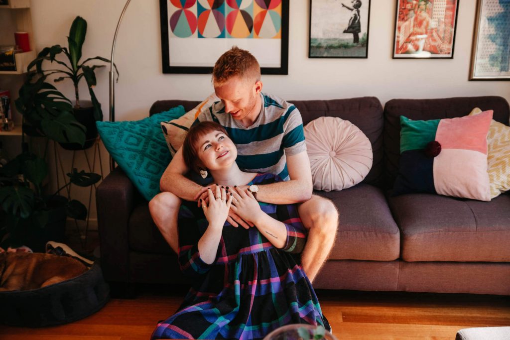 Family, Wedding & Newborn Photographer in Melbourne | Gill Juergens Photography | Engagement - in home photos with Diesel the dog | Gill Juergens Photography