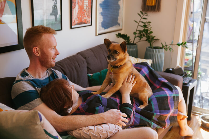 Family, Wedding & Newborn Photographer in Melbourne | Gill Juergens Photography | Engagement photos in Melbourne - in home photos with Diesel the dog | Gill Juergens Photography