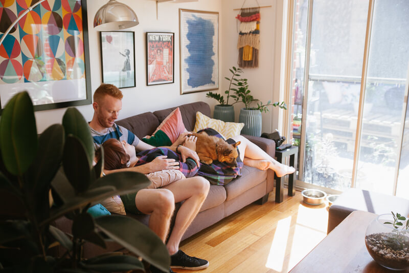 Family, Wedding & Newborn Photographer in Melbourne | Gill Juergens Photography | Engagement photos in Melbourne - in home photos with Diesel the dog | Gill Juergens Photography